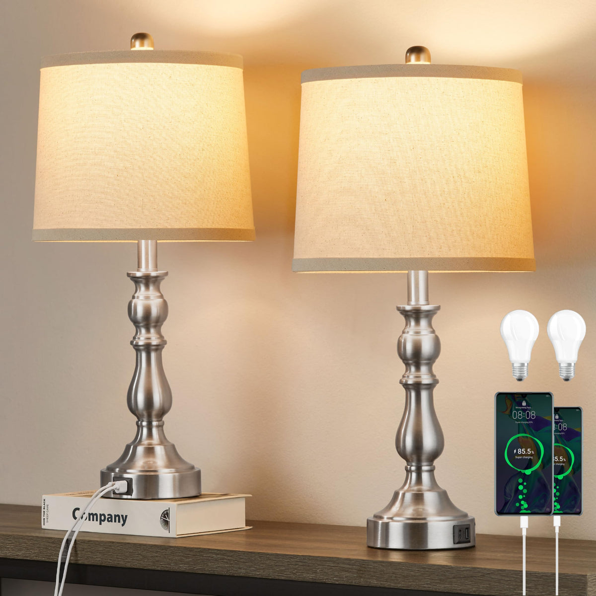 23'' Table Lamps Set of 2, Lamps for Bedroom, USB C+A Ports, Beige