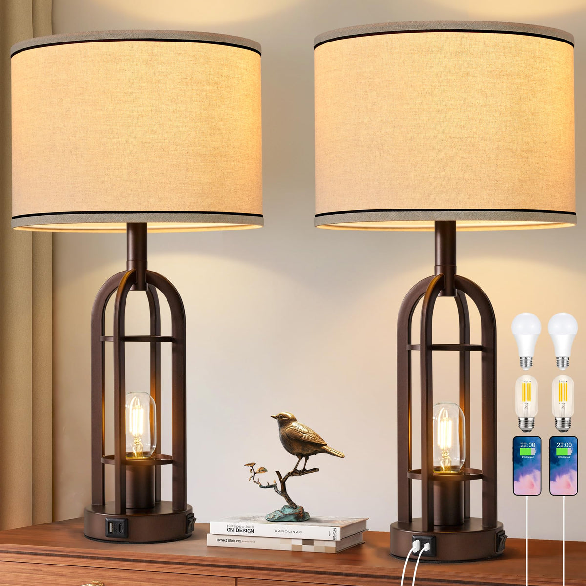 SRJJA 24" Farmhouse Table Lamps for Living Room Bedroom Set of 2, USB A+C