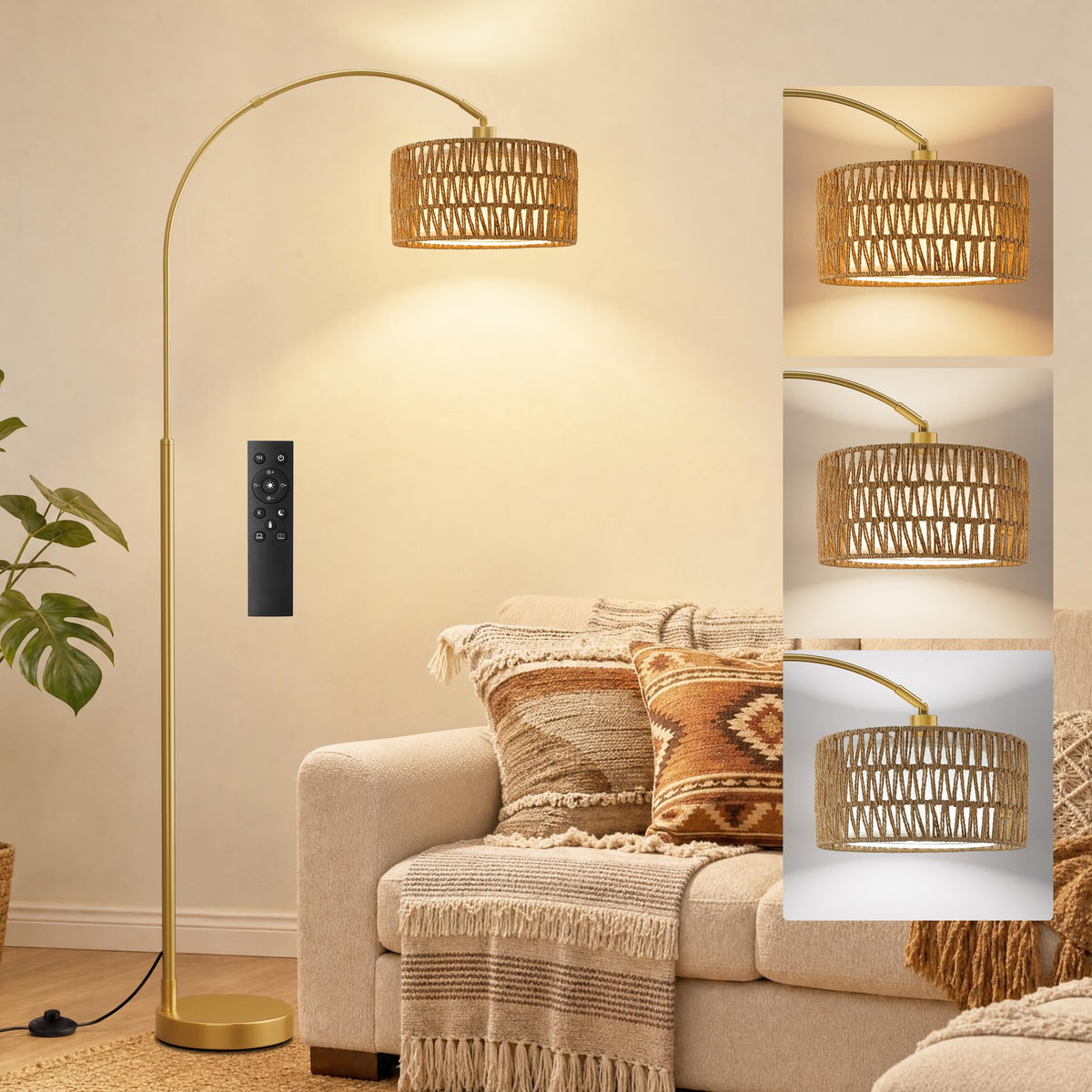 Ambimall Boho Arc Floor Lamp, Color Temperatures and Brightness Adjustable