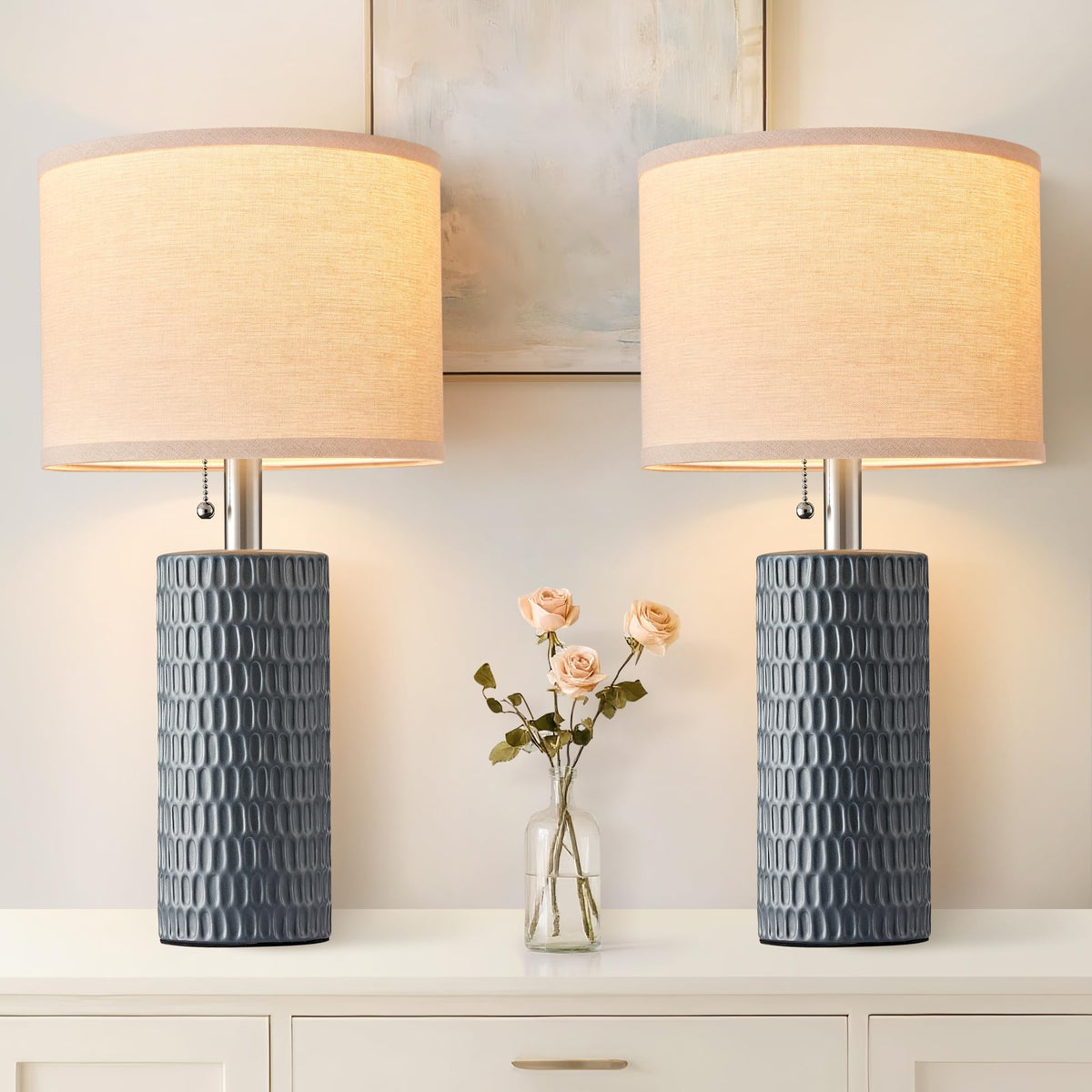 Reaketon 20.5”Modern Ceramic Table Lamps for Bedroom Set of 2, Dark Blue