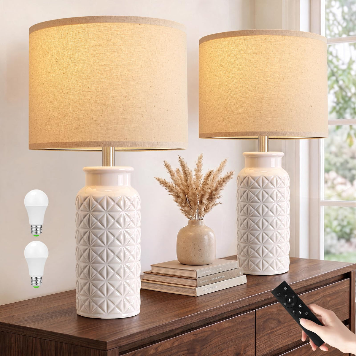 Innqoo 22.6" Modern Ceramic Bedside Lamps Set of 2, Lamps for Bedroom,White