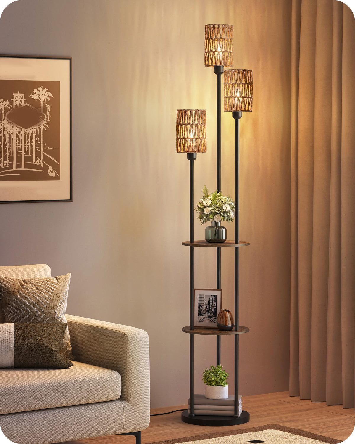 70.9" Floor Lamp with Shelves, Modern Floor Lamp with 3 Linen Shades and Foot Switch, 3-Light Standing Lamp, for Living Room, Bedroom, Study, Office, Rustic Brown and Beige EF53LD05
