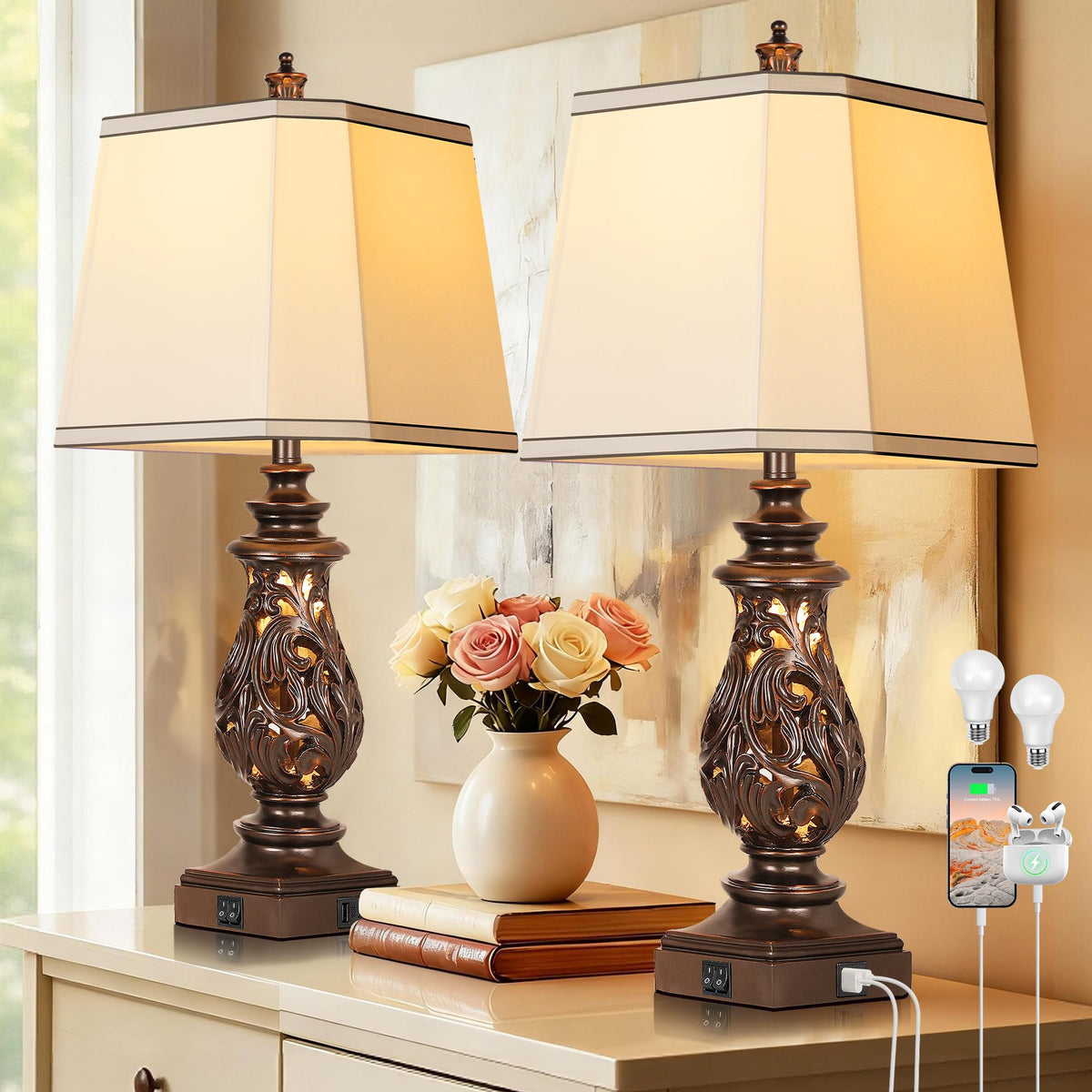 PARTPHONER 29" Table Lamps Set of 2, Bedside Lamps with USB A+C Ports & Night Light, Farmhouse Nightstand Lamps with Linen Fabric Shades for Bedroom Living Room, Antique White (LED Bulbs Included)