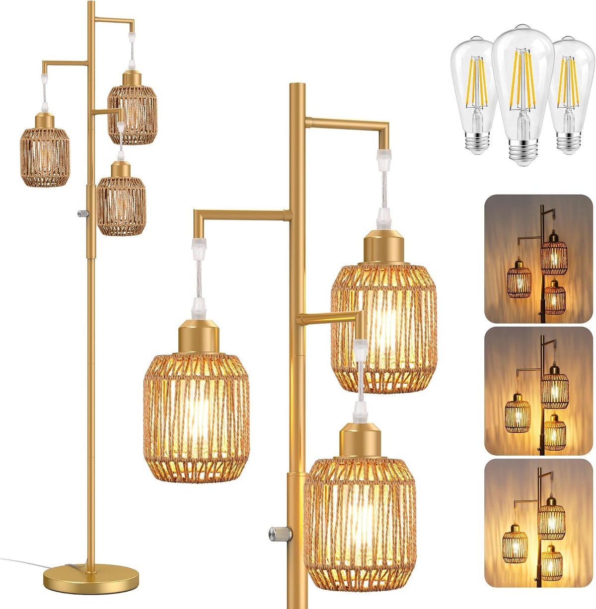 ROTTOGOON Dimmable Boho Floor Lamp - 3 Light Farmhouse Rattan Floor Lamp for Living Room, Industrial Tree Floor Lamps with 3 X 6W LED Bulbs, Rustic Standing Tall Lamp for Bedroom, Office, 68", Black