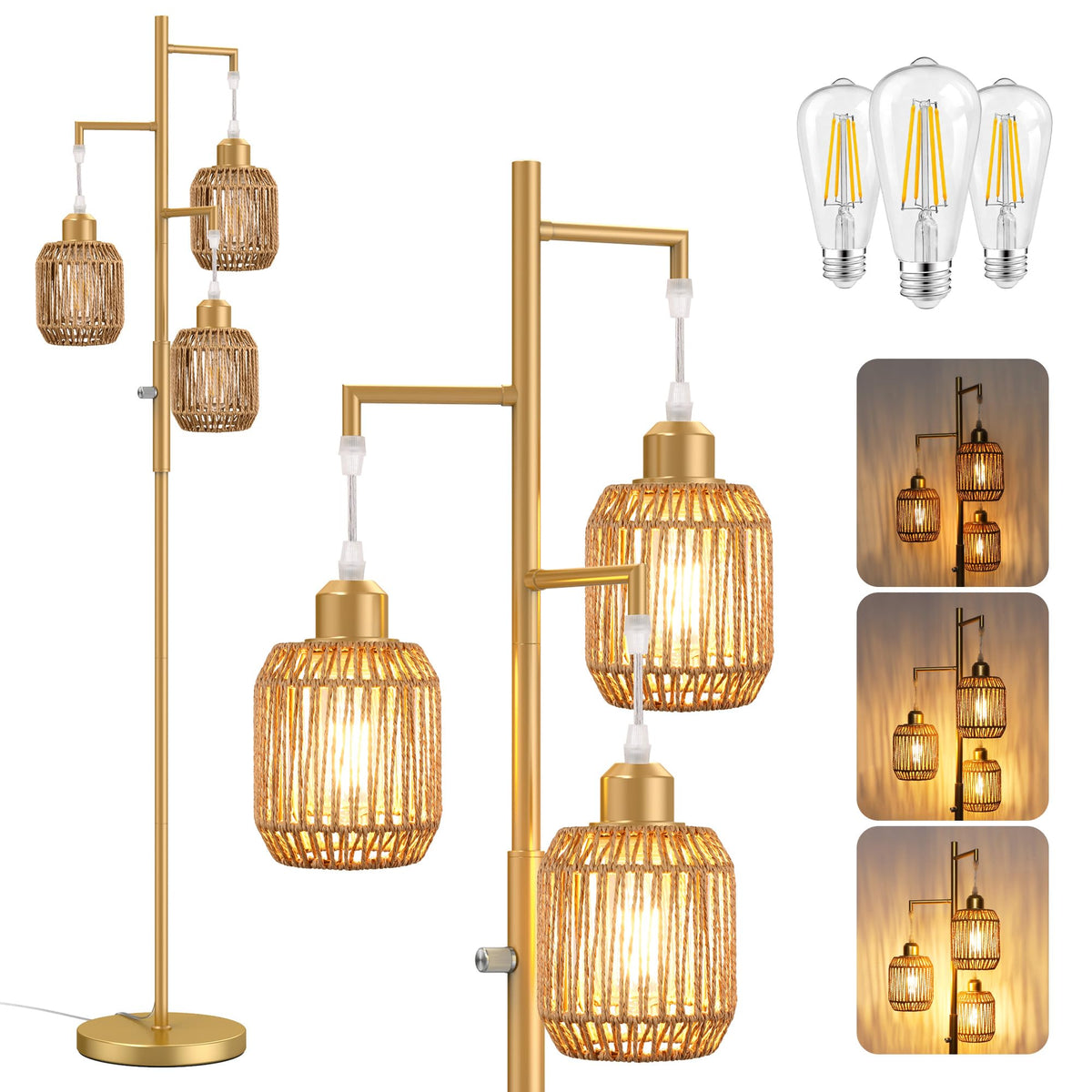 ROTTOGOON Dimmable Boho Floor Lamp - 3 Light Farmhouse Rattan Floor Lamp for Living Room, Industrial Tree Floor Lamps with 3 X 6W LED Bulbs, Rustic Standing Tall Lamp for Bedroom, Office, 68", Black