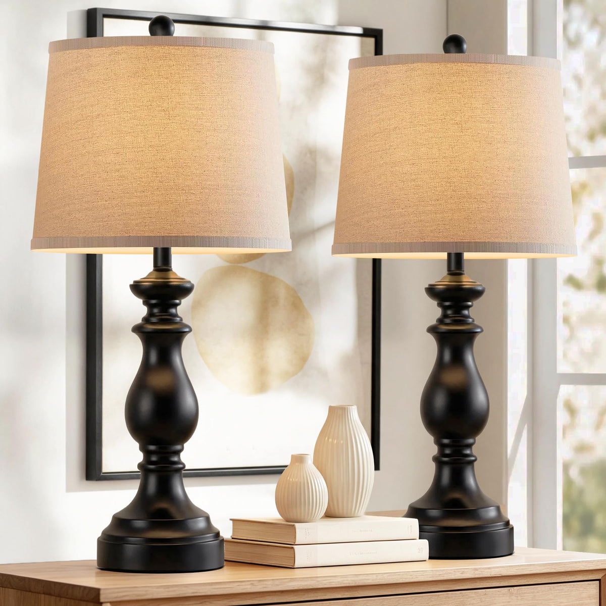 PARTPHONER Traditional Table Lamp Set of 2, Rustic Farmhouse Table Lamps for Living Room Bedroom, 22" Bedside Desk Lamps Vintage Nightstand Lamps with Linen Shades, Antique Grey