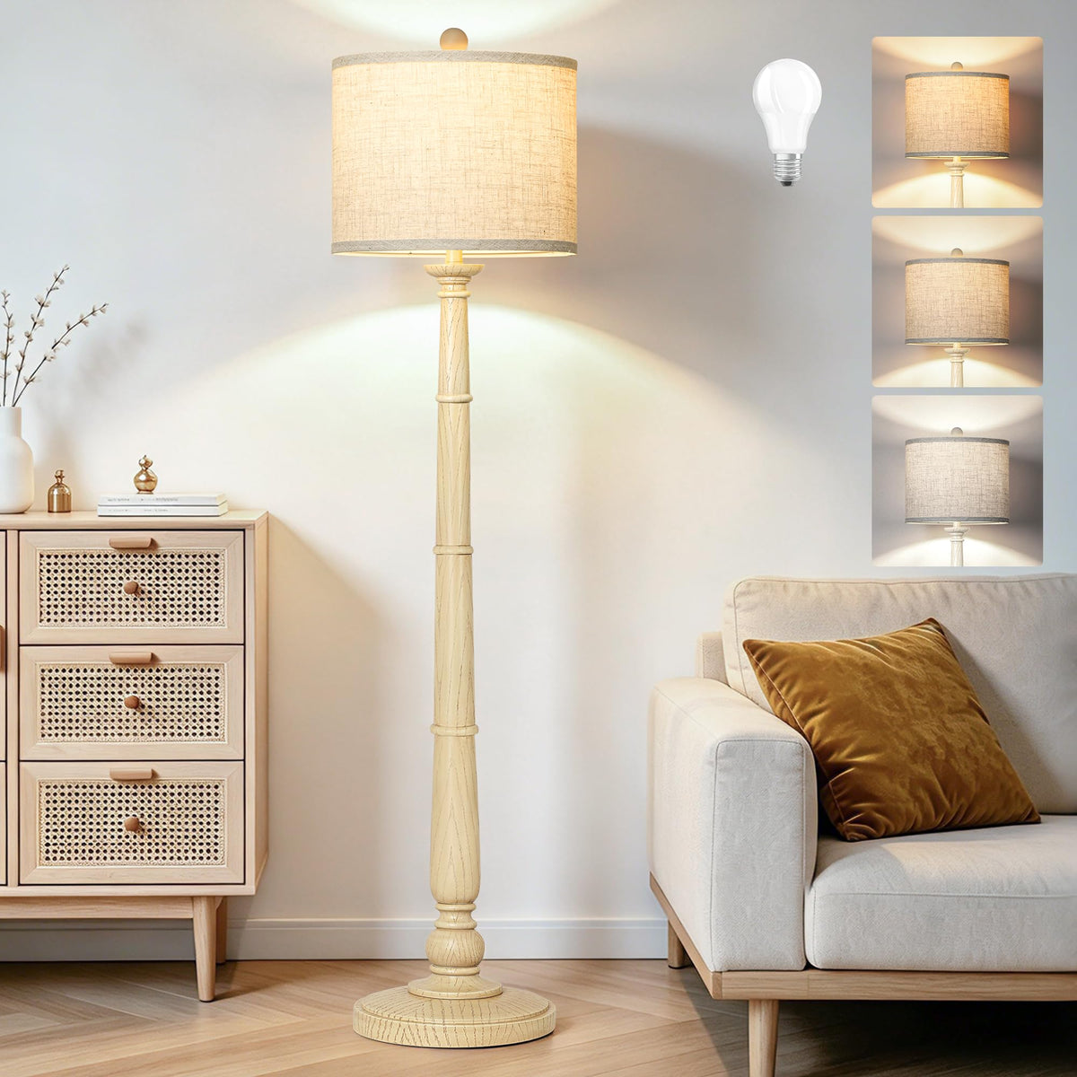 61'' Vintage Floor Lamp for Living Room, Rustic Farmhouse Tall Standing Lamp with 3 Color Temperatures, Retro Reading Pole Lamps with Linen Shade for Bedroom Office Home Decor, Black(Bulb Included)