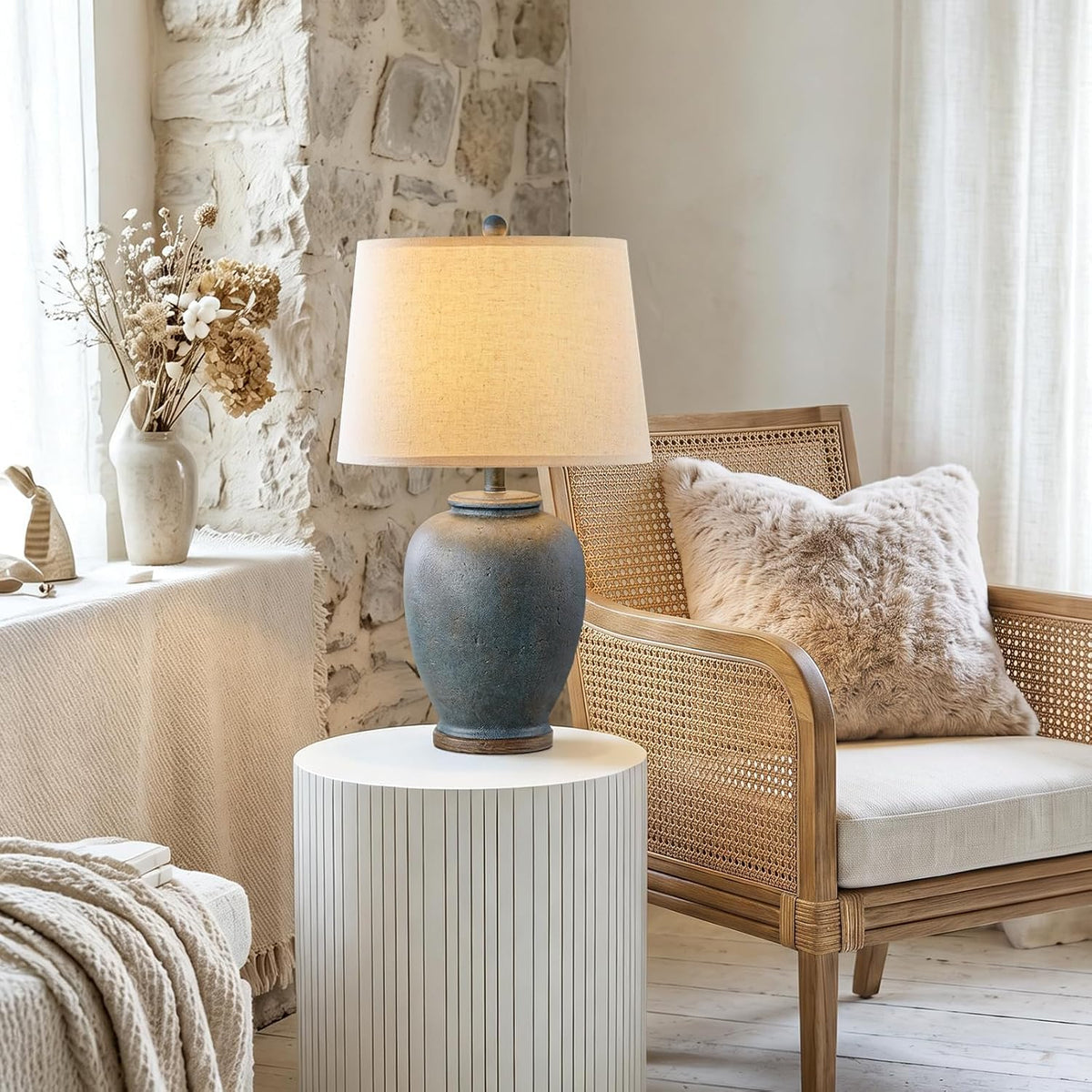 USumkky 25" Boho Ceramic Table Lamp for Living Room Bedroom Vintage Blue