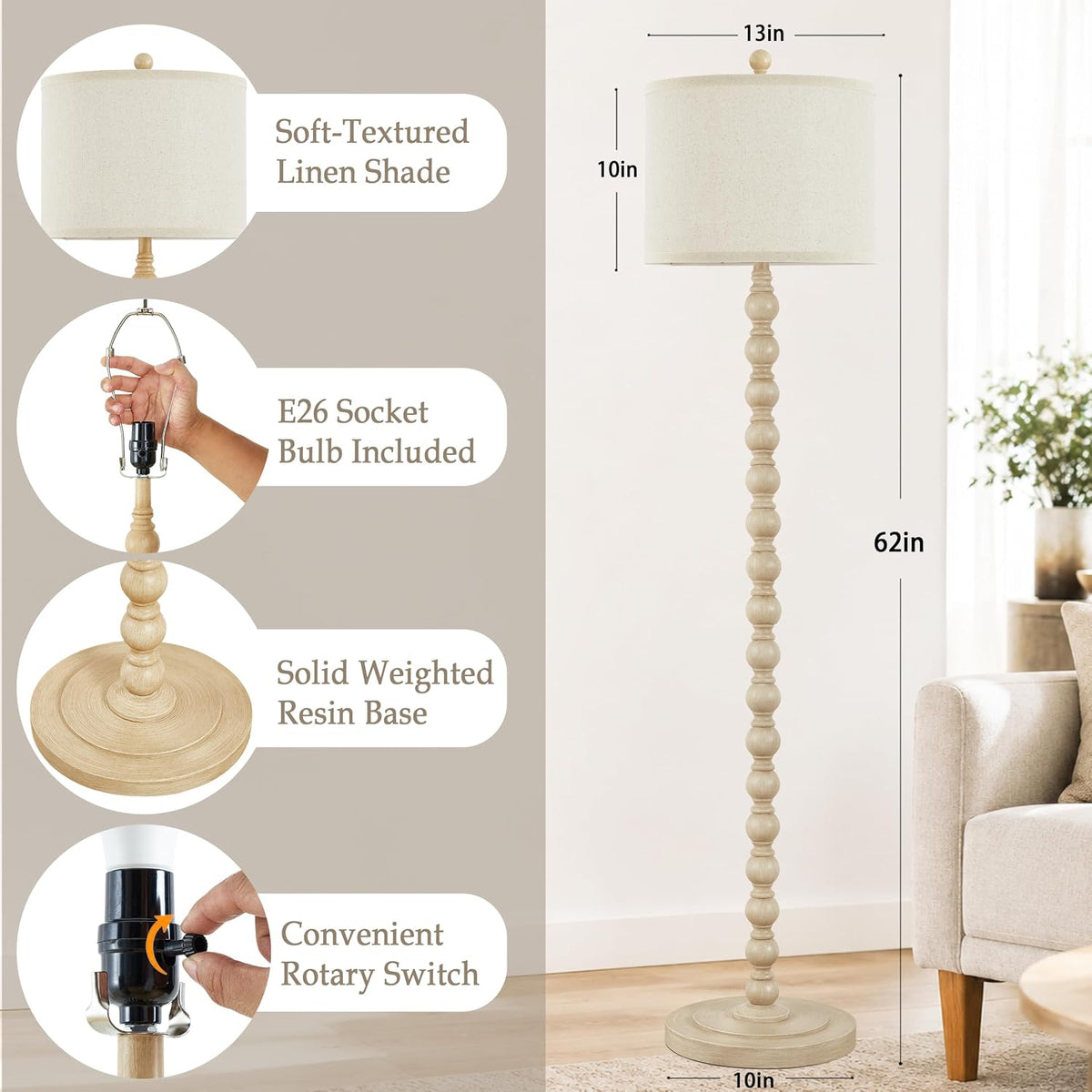 Farmhouse Floor Lamp for Living Room, 62" Tall Standing Lamp with Bulb