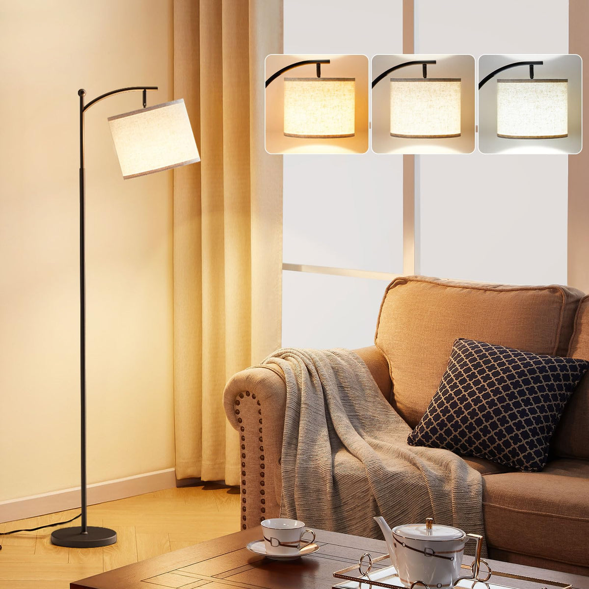 Ambimall 60" Floor Lamp with 3 Color Temperatures, Adjustable White Shade, Black Pole - Tall Lamp for Living Room, Bedroom, Office, Classroom, Dorm - 9W Bulb Included
