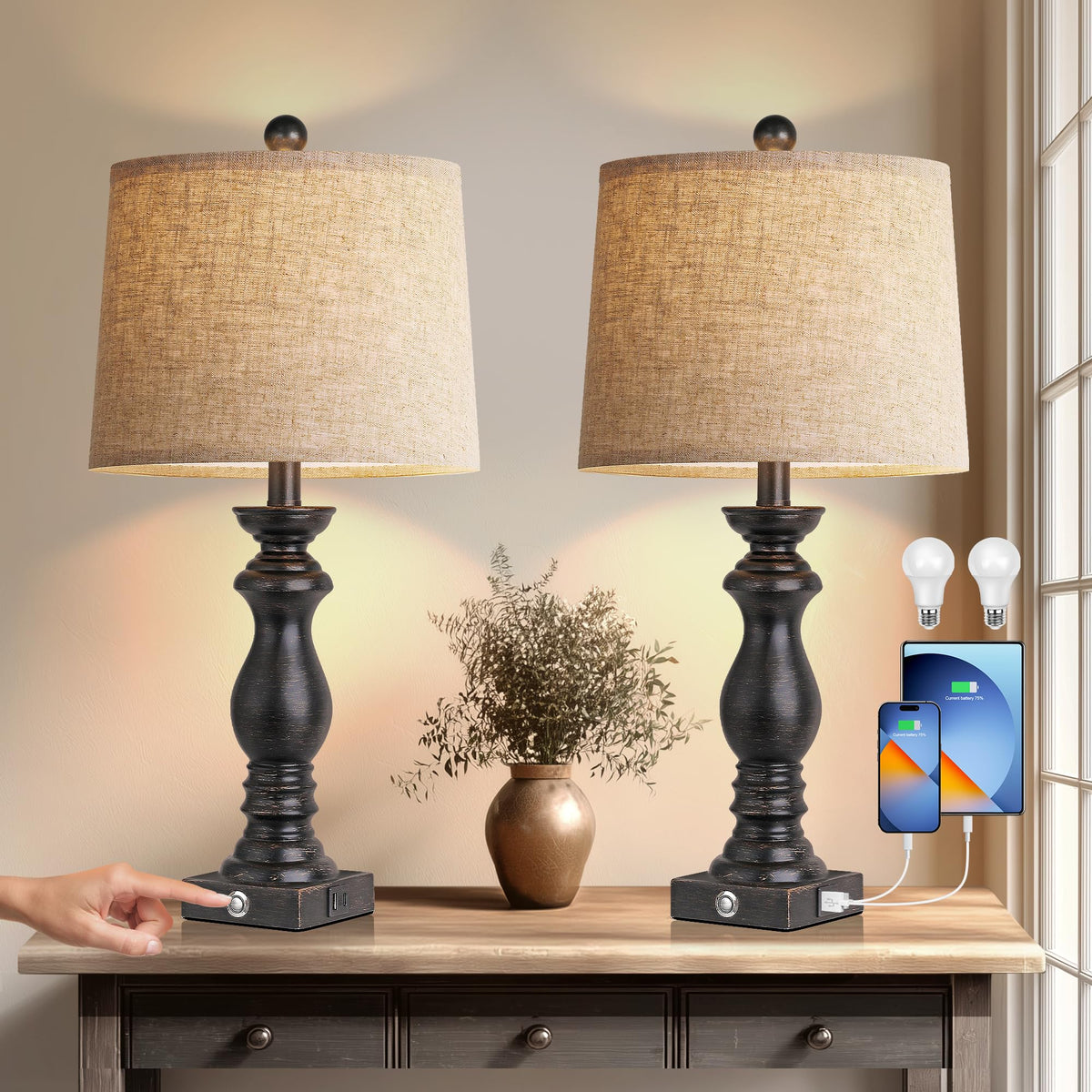 PARTPHONER Traditional Table Lamp Set of 2, Rustic Farmhouse Table Lamps for Living Room Bedroom, 22" Bedside Desk Lamps Vintage Nightstand Lamps with Linen Shades, Antique Grey