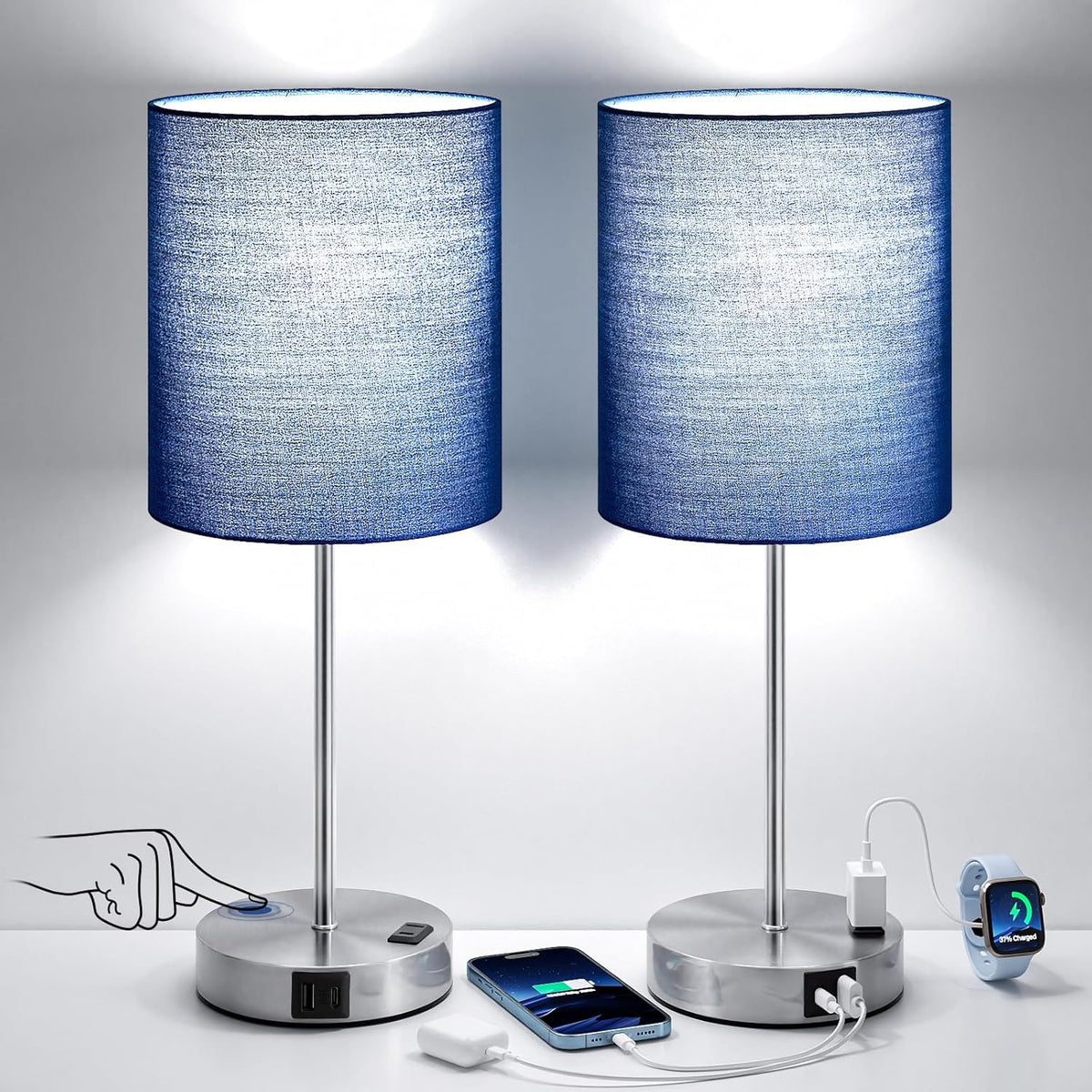 Fenmzee Touch Lamps for Bedroom Set of 2 - Dimmable, USB C+A, AC Outlet