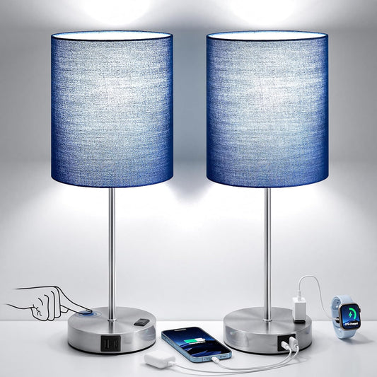 Fenmzee Touch Lamps for Bedroom Set of 2 - Dimmable, USB C+A, AC Outlet