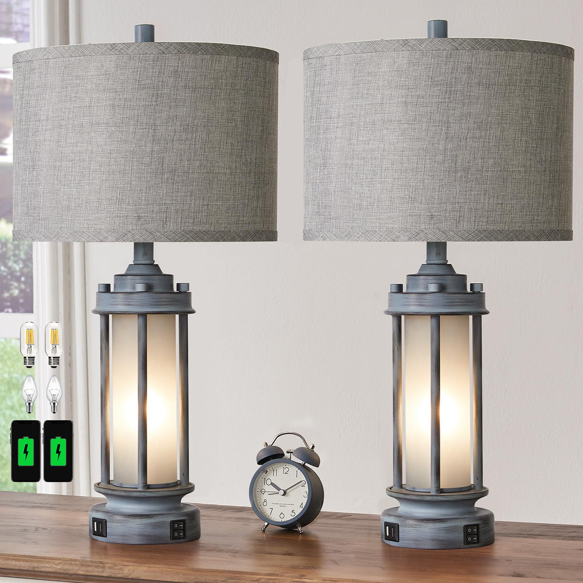 AIEAMPDO Set of 2 Farmhouse Table Lamps for Living Room with USB C+A Ports