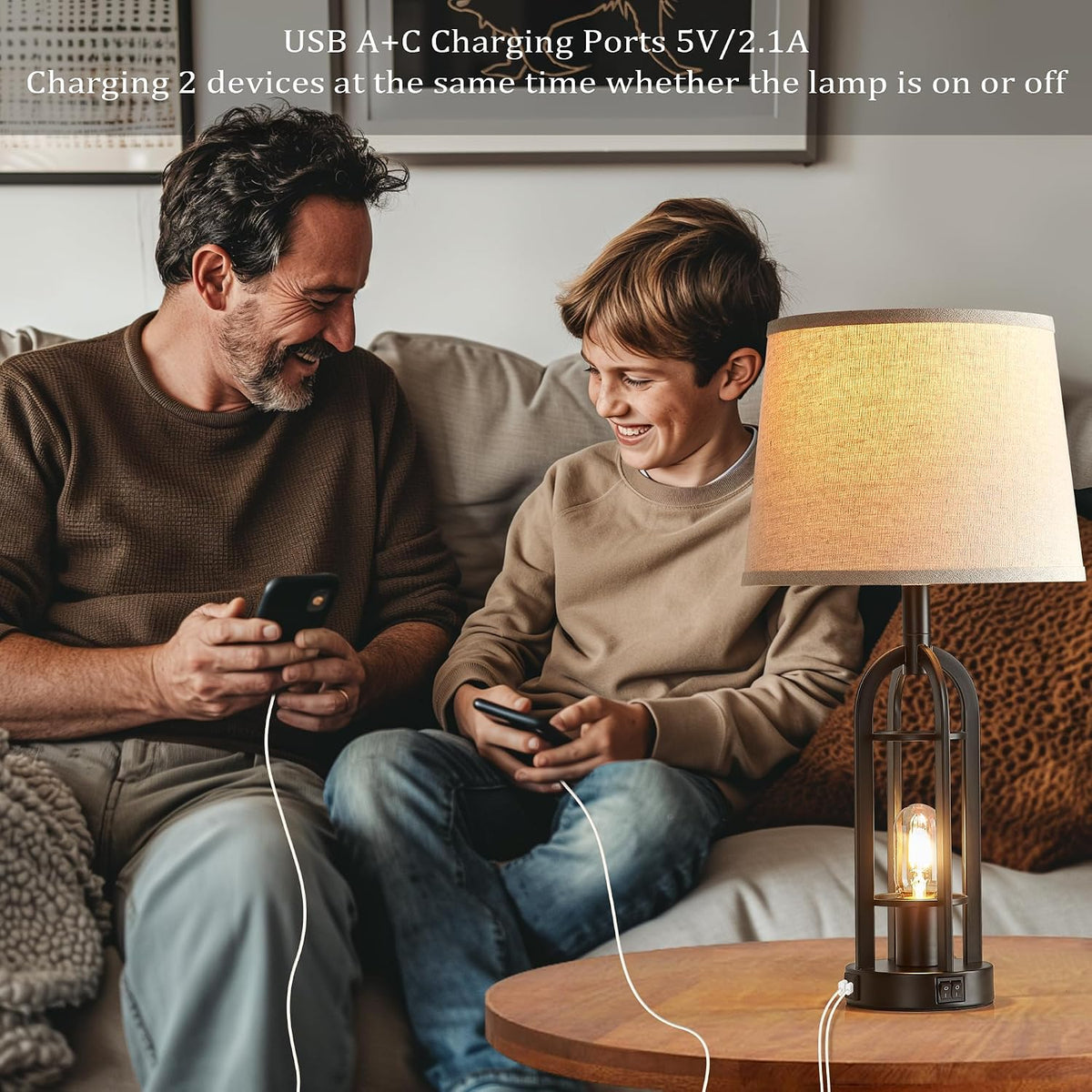 SRJJA 24" Farmhouse Table Lamps for Living Room Bedroom Set of 2, USB A+C