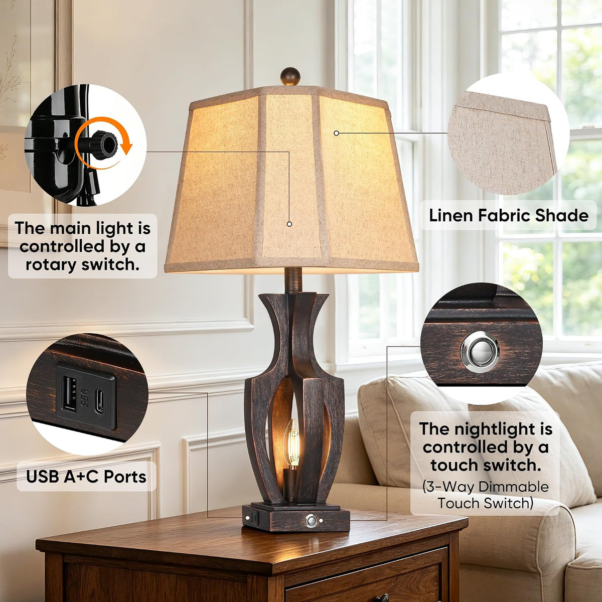 ROTTOGOON 26" Farmhouse Table Lamps Set of 2, 3-Way Touch Dimmable Nightstand Lamp with USB A+C Charging Port, Vintage Bedside Lamps with Dual Light Sources for Bedroom Nightstand End Table (Bronze)