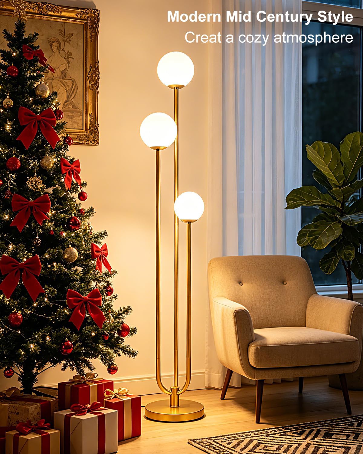 Lightdot 63IN Gold Floor Lamp Dimmable 3-Lights Globe LED Floor Lamps with 3000K Soft Warm White for Wedding/Party Tall Lamp with 5Lbs Heavy Base for Living Room/Bedroom/Sofa Beside/Corner Decor