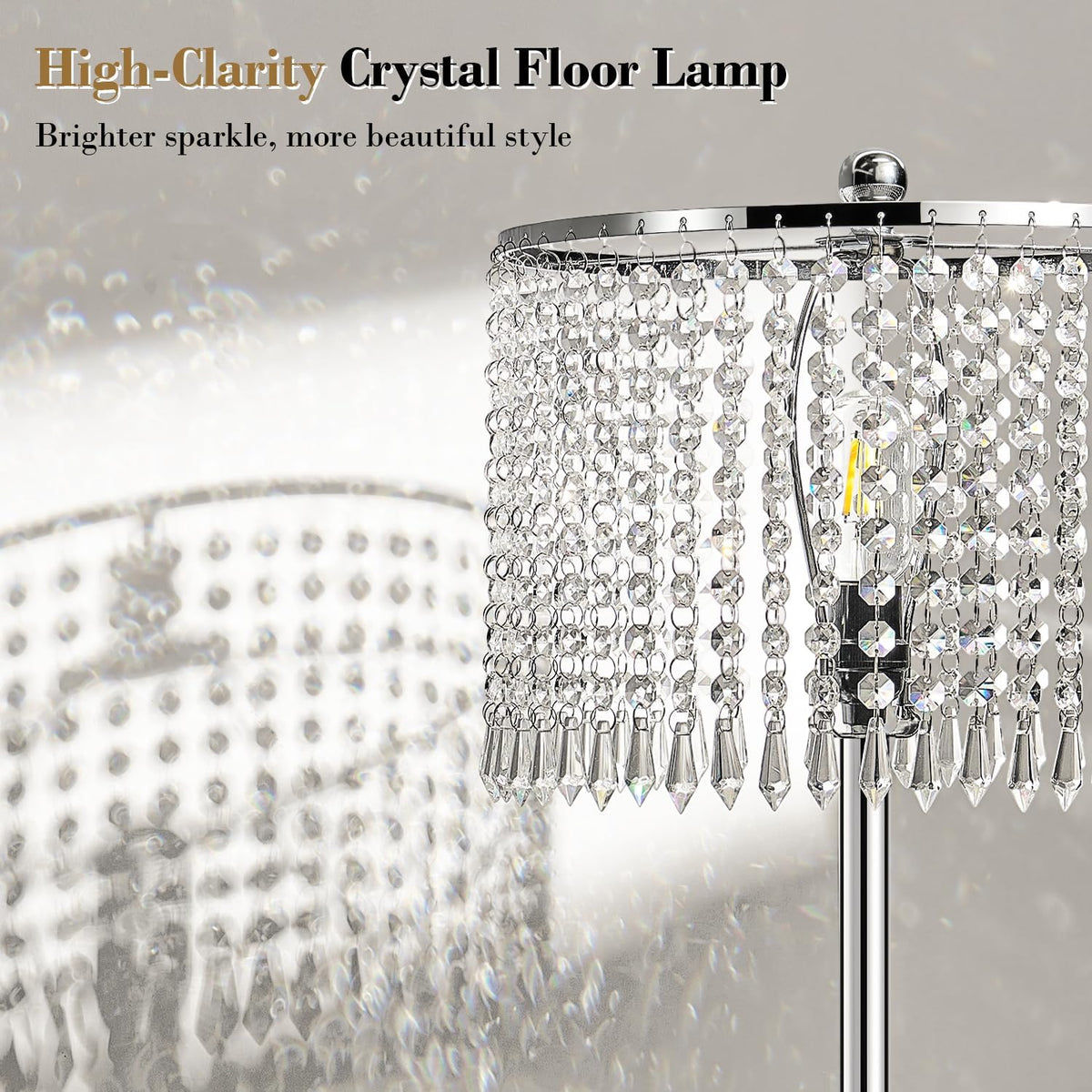 【Upgraded】 Dimmable Crystal Floor Lamps for Living Room, 1000LM LED Bulb Included, Standing Lamp with Knob Switch, Tall Silver Modern Floor Lamp for Bedroom Nursery Office Reading