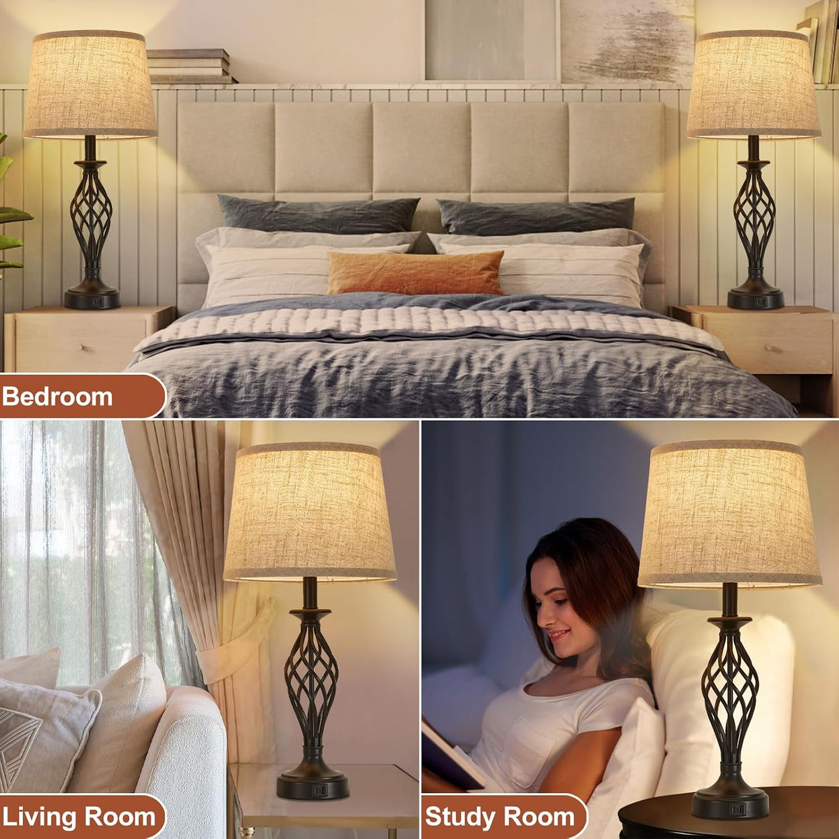 Table Lamp for Bedroom Set of 2 with USB C+A Ports,Modern Night Stand Lamps