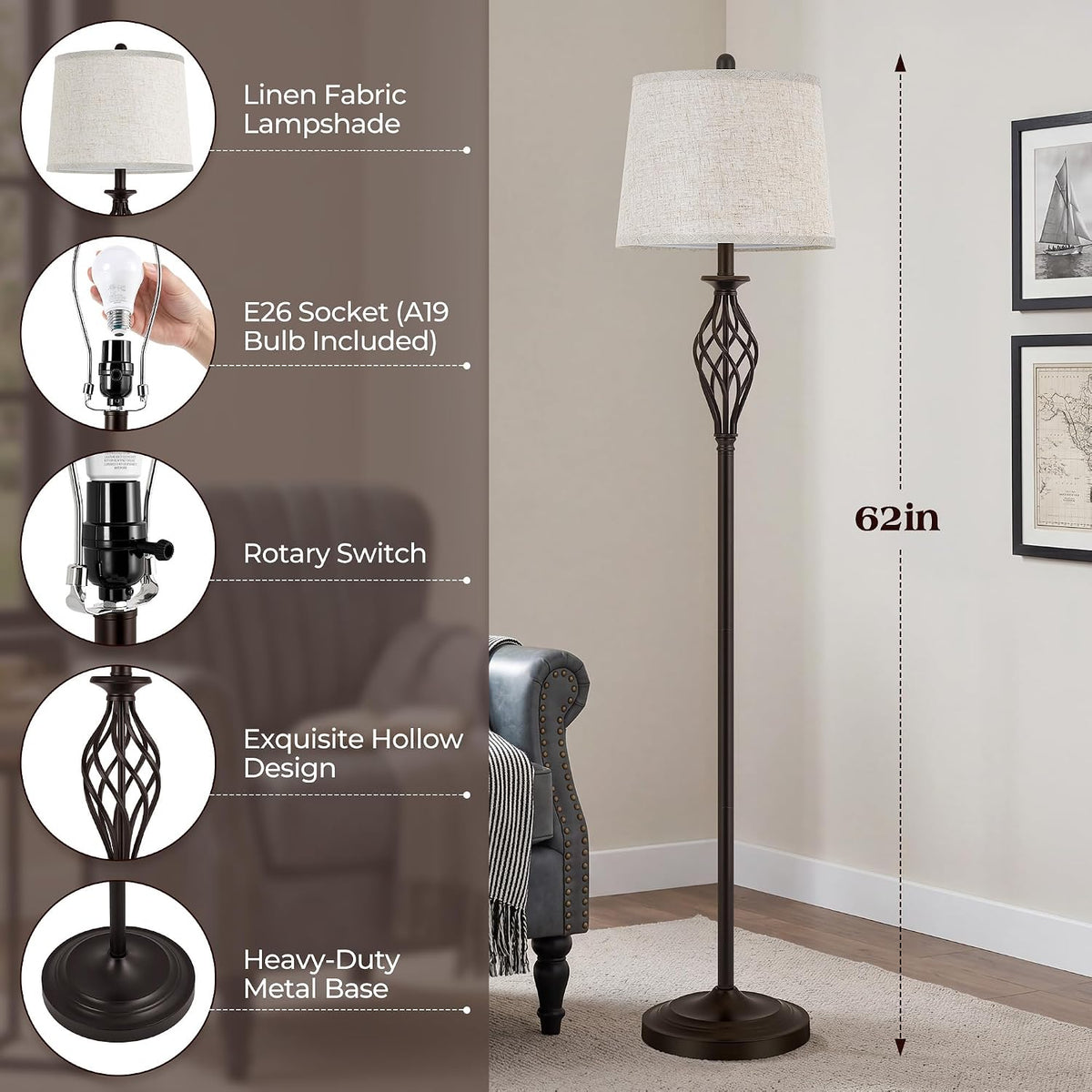 EJIAXIN Floor Lamps for Living Room - 62" Farmhouse Vintage Standing Lamp