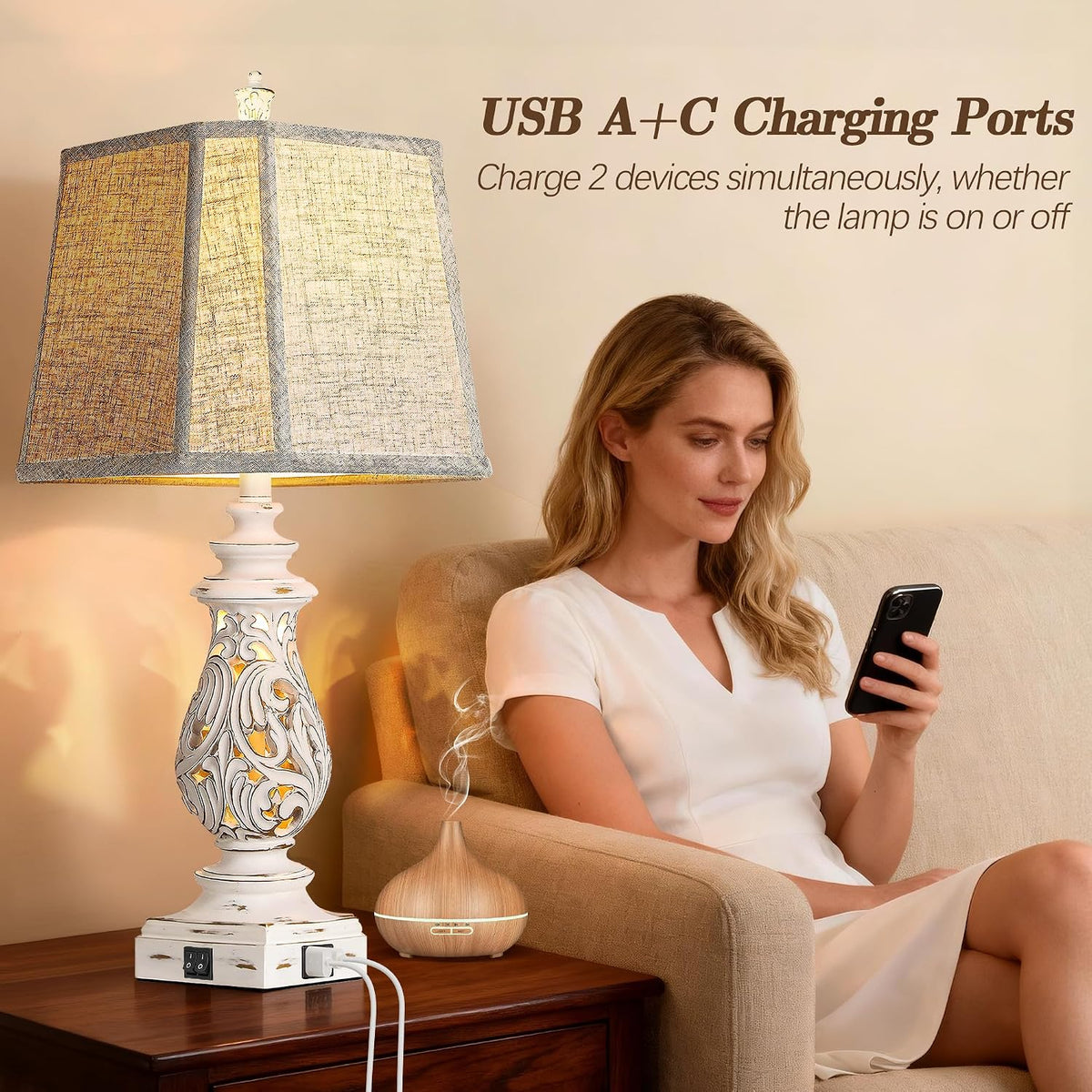 PARTPHONER 29" Table Lamps Set of 2, Bedside Lamps with USB A+C Ports & Night Light, Farmhouse Nightstand Lamps with Linen Fabric Shades for Bedroom Living Room, Antique White (LED Bulbs Included)
