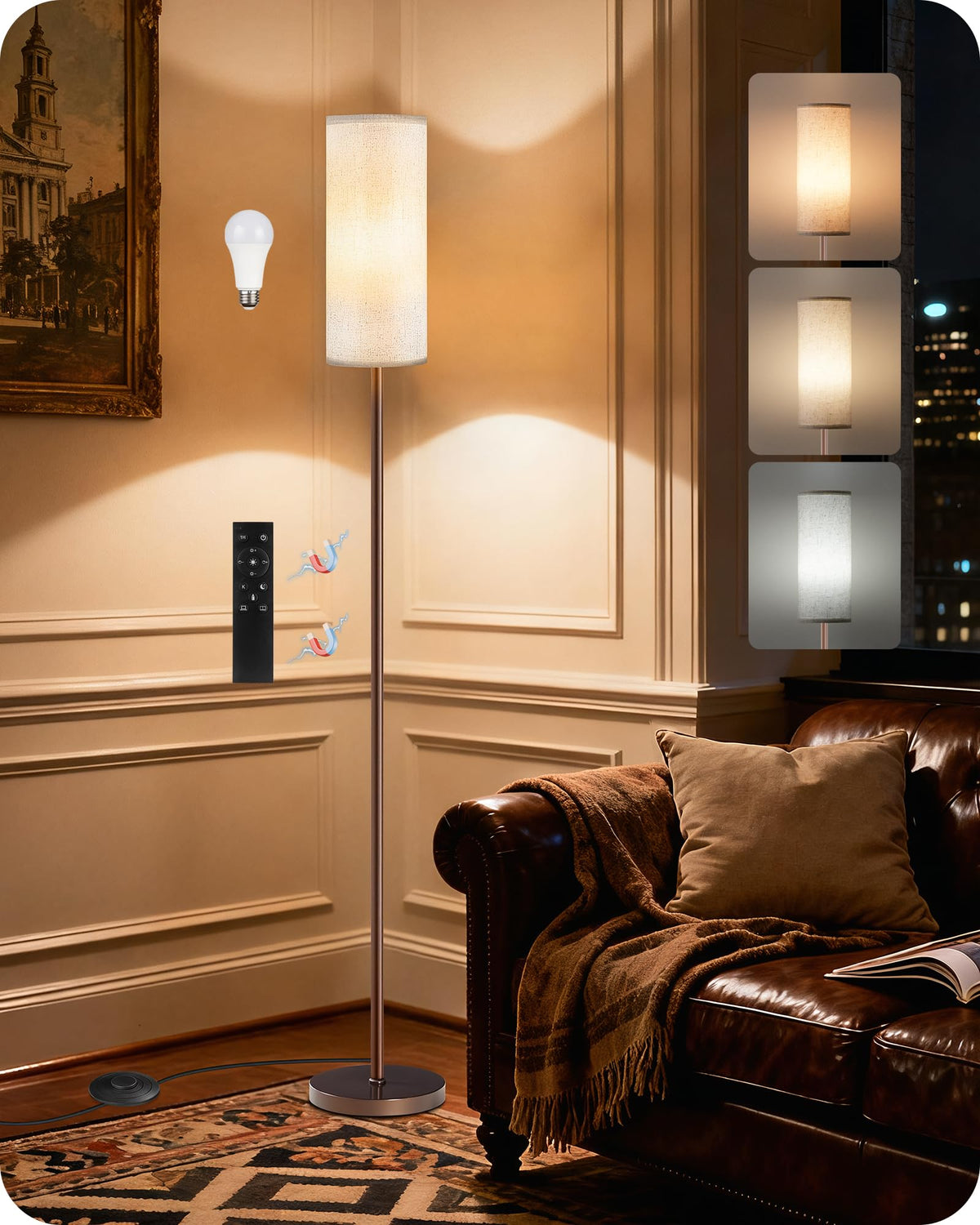 64.4” Slim Floor Lamp for Living Room with Magnetic Remote and Foot Switch, Dimmable Standing Tall Lamp Mood for Bedroom Nursery, 3 Color Temperatures, 1-Hour Timer,900LM Bulb Included,Beige E06LD05W1