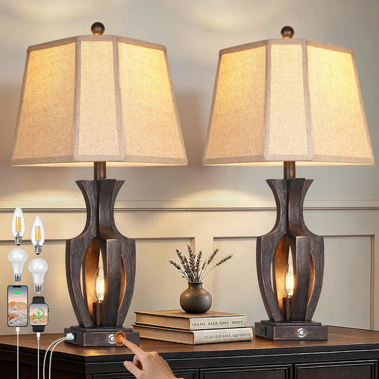 ROTTOGOON 26" Farmhouse Table Lamps Set of 2, 3-Way Touch Dimmable Nightstand Lamp with USB A+C Charging Port, Vintage Bedside Lamps with Dual Light Sources for Bedroom Nightstand End Table (Bronze)