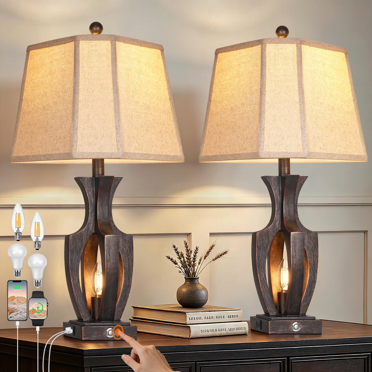 ROTTOGOON 26" Farmhouse Table Lamps Set of 2, 3-Way Touch Dimmable Nightstand Lamp with USB A+C Charging Port, Vintage Bedside Lamps with Dual Light Sources for Bedroom Nightstand End Table (Bronze)