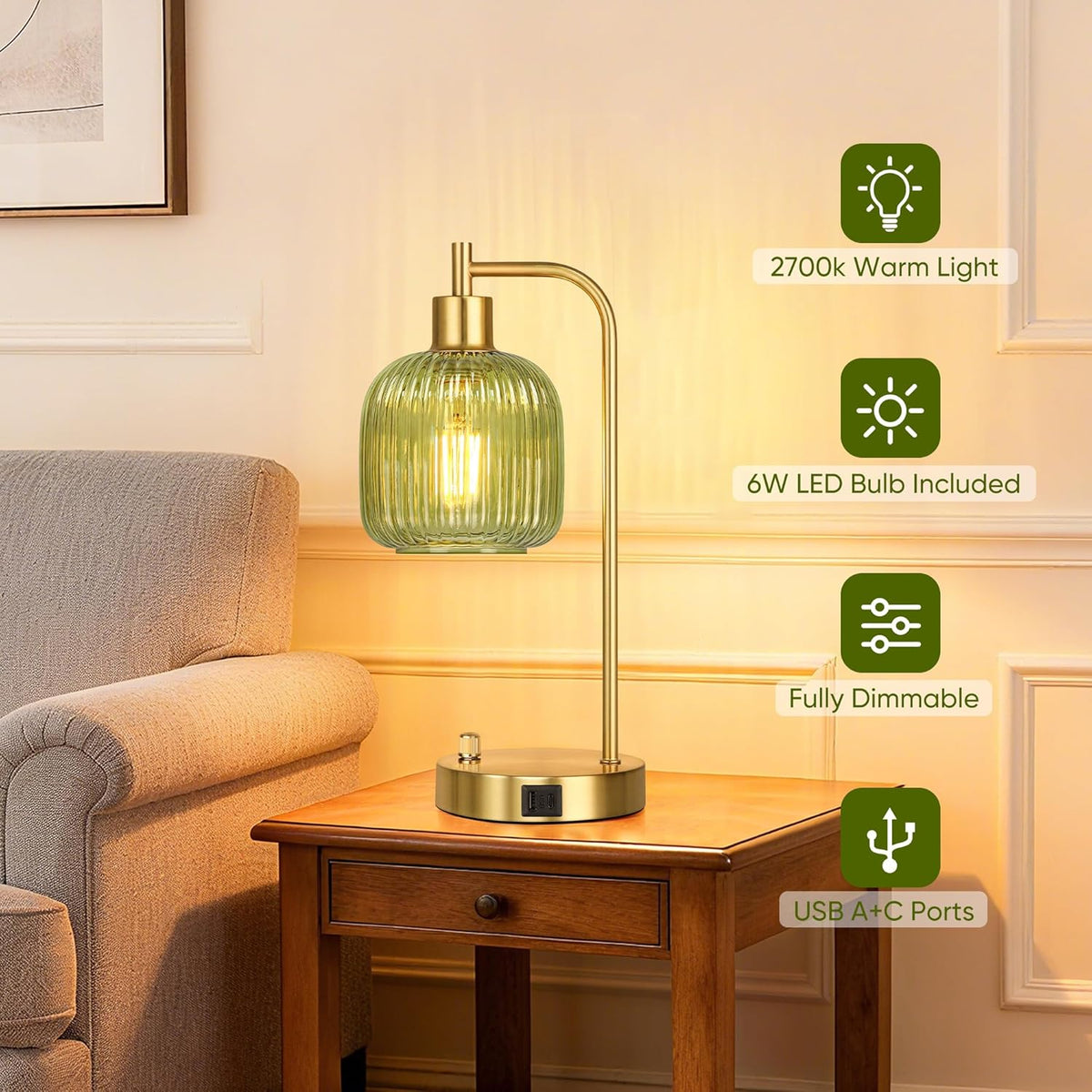 Green Glass Table Lamps Set of 2, Dimmable Bedside Lamps for Living Room