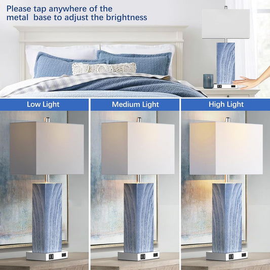 Touch Control Table Lamps with White Fabric Shade Set of 2, 3-Way Dimmable Modern Ceramic Blue Nightstand Bedside Lamp with 2 USB Ports 1 AC Outlet for Living Room, Bedroom (LED Bulbs Included)