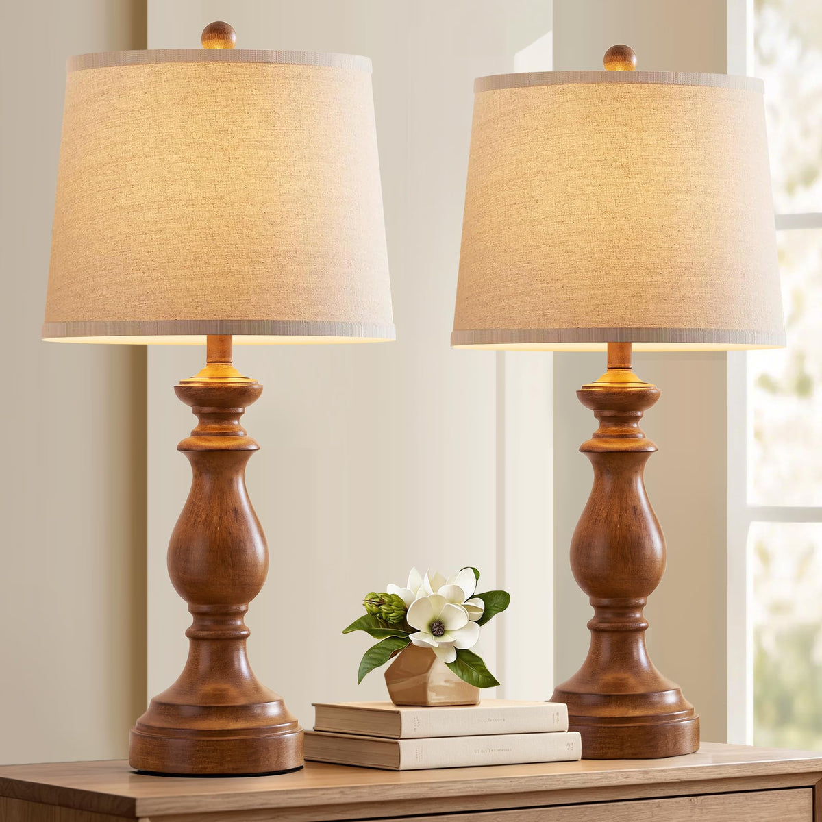 PARTPHONER Traditional Table Lamp Set of 2, Rustic Farmhouse Table Lamps for Living Room Bedroom, 22" Bedside Desk Lamps Vintage Nightstand Lamps with Linen Shades, Antique Grey