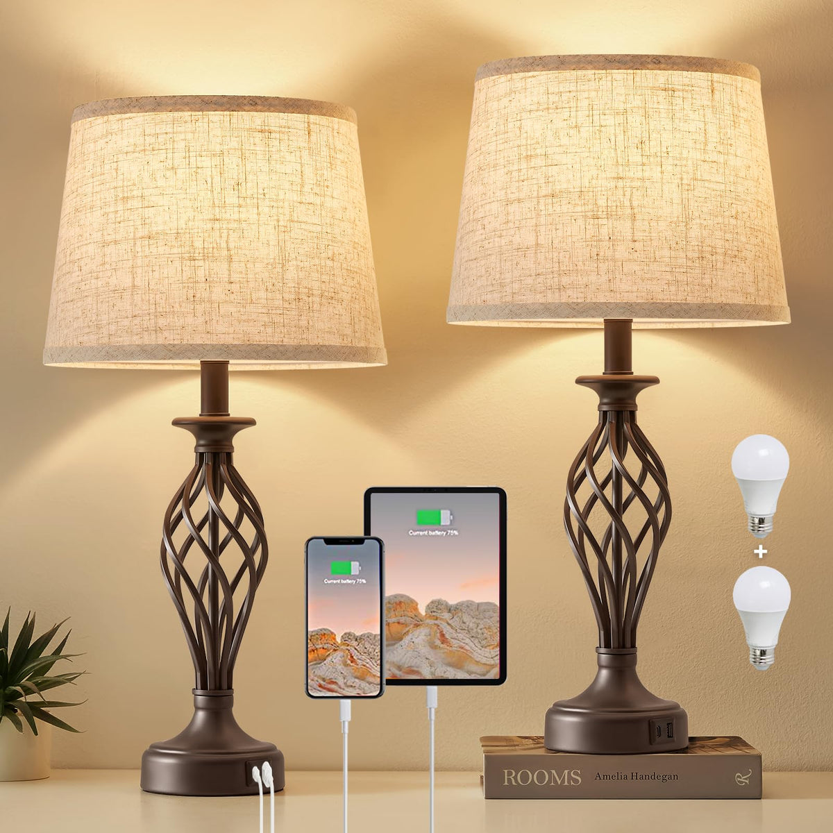 Table Lamp for Bedroom Set of 2 with USB C+A Ports,Modern Night Stand Lamps