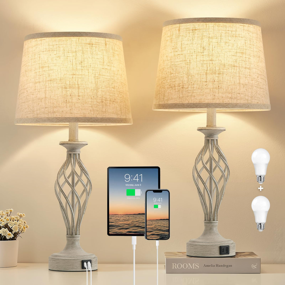 Table Lamp for Bedroom Set of 2 with USB C+A Ports,Modern Night Stand Lamps