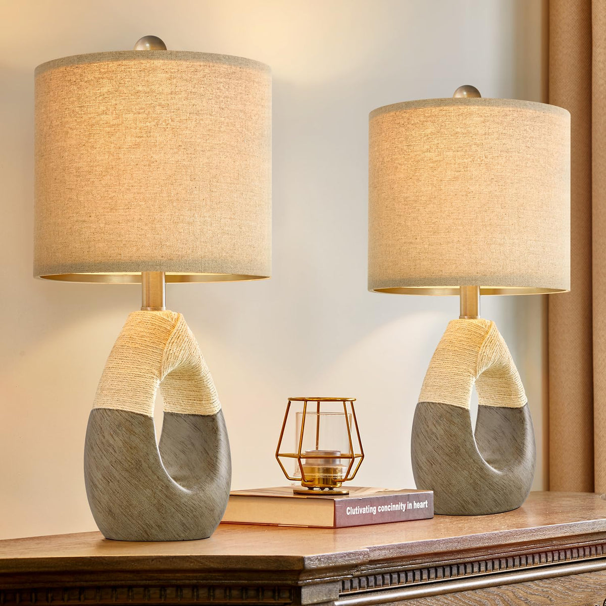 OYEARS 19” Boho Table Lamps Bedroom Living Room,Suitable for Small Space,Farmhouse Rattan Lamp Rustic Egg Design Resin Nightstand Bedside Lamps for Bedroom Living Room Office Study Rest Decor