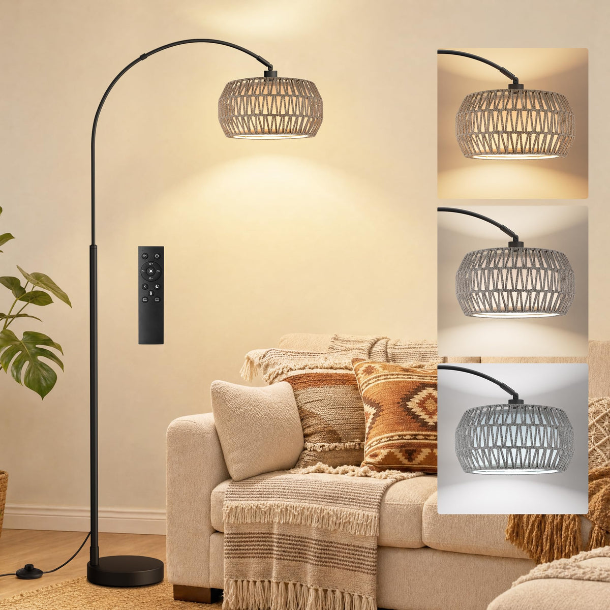 Ambimall Boho Arc Floor Lamp, Color Temperatures and Brightness Adjustable