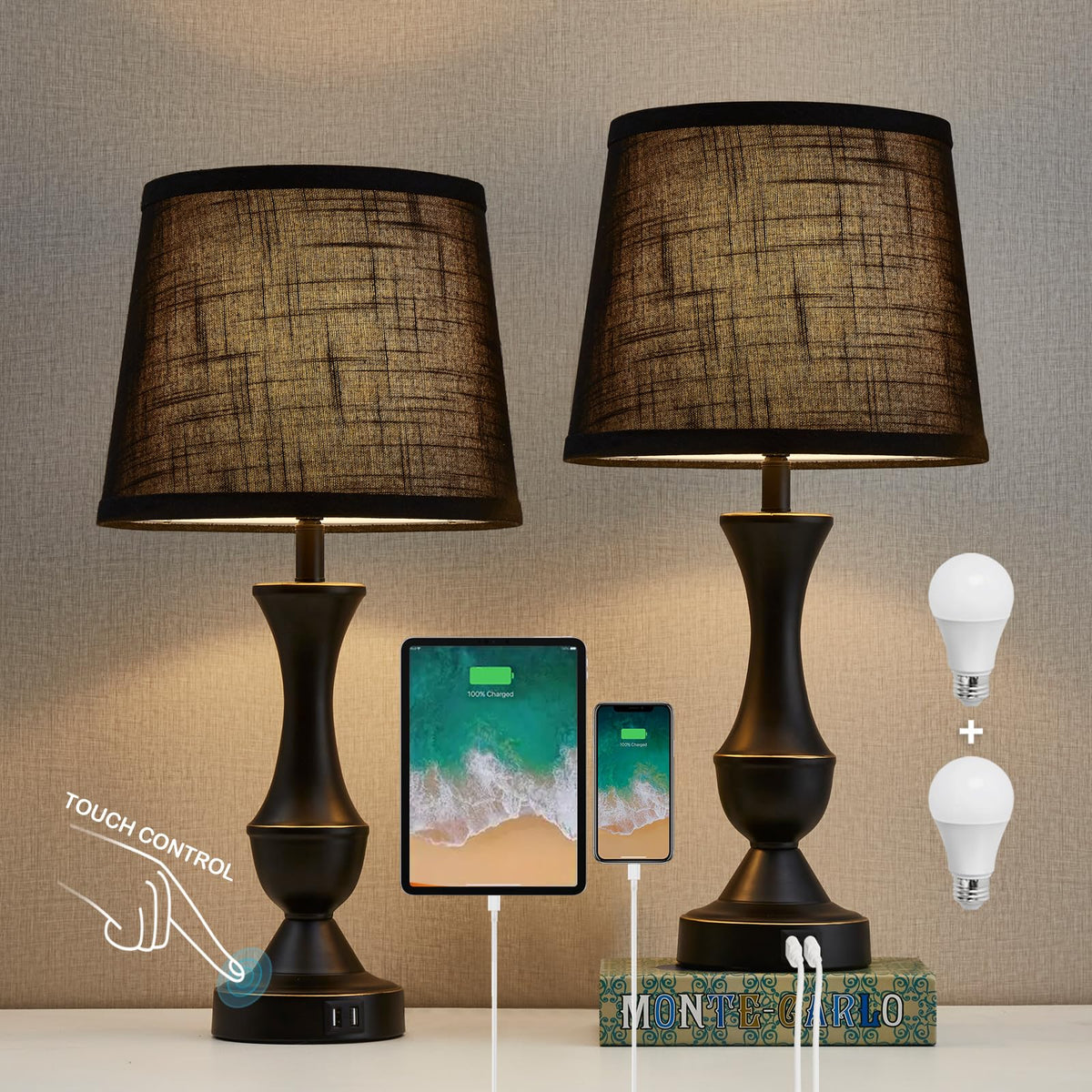 Luvkczc Upgraded Touch Table Lamps Set of 2, 22" Tall Bedside Lamps