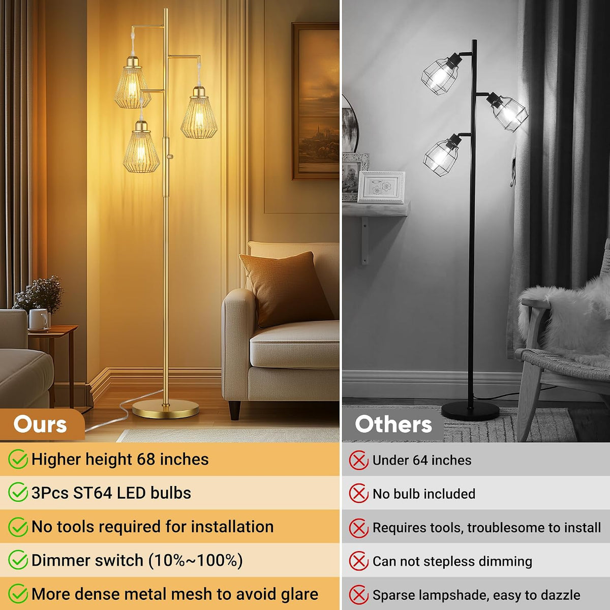 QiMH 68" Gold Floor Lamp for Living Room, Industrial Tree Tall Lamps