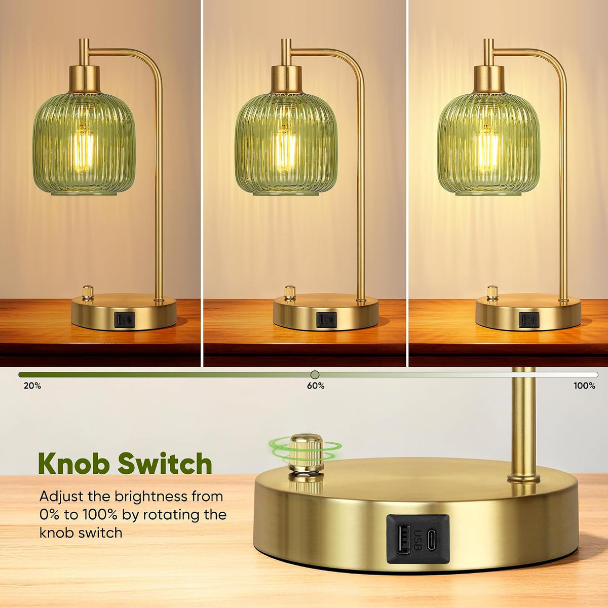 Green Glass Table Lamps Set of 2, Dimmable Bedside Lamps for Living Room