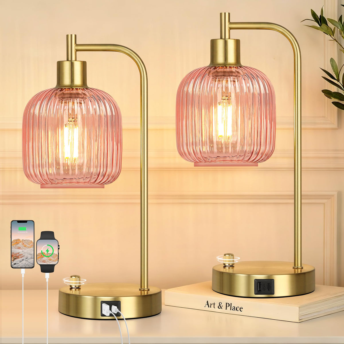 Green Glass Table Lamps Set of 2, Dimmable Bedside Lamps for Living Room