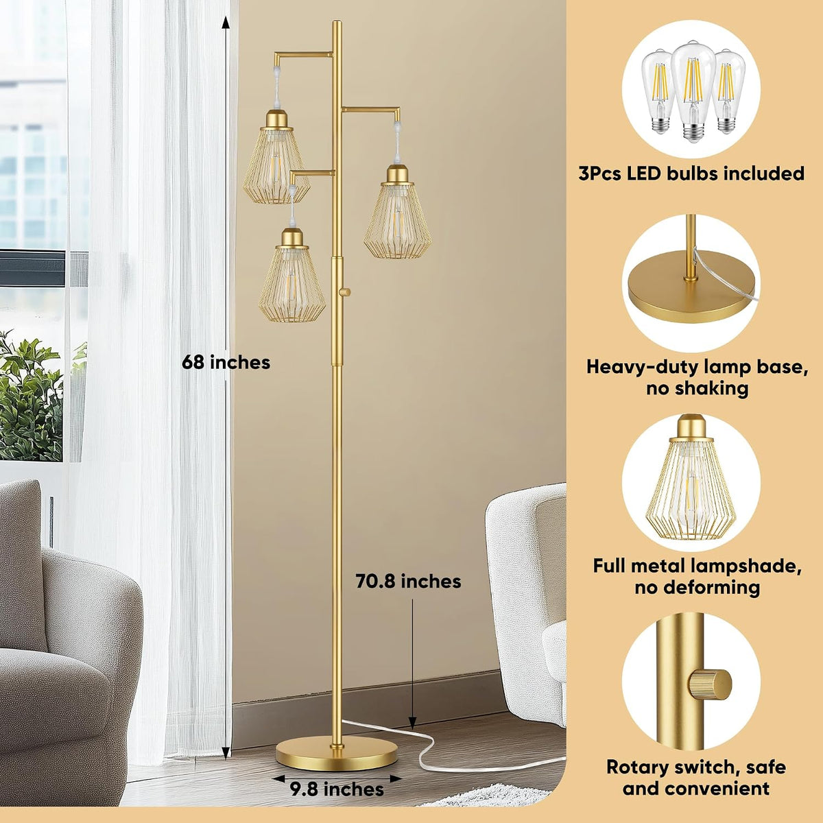 QiMH 68" Gold Floor Lamp for Living Room, Industrial Tree Tall Lamps