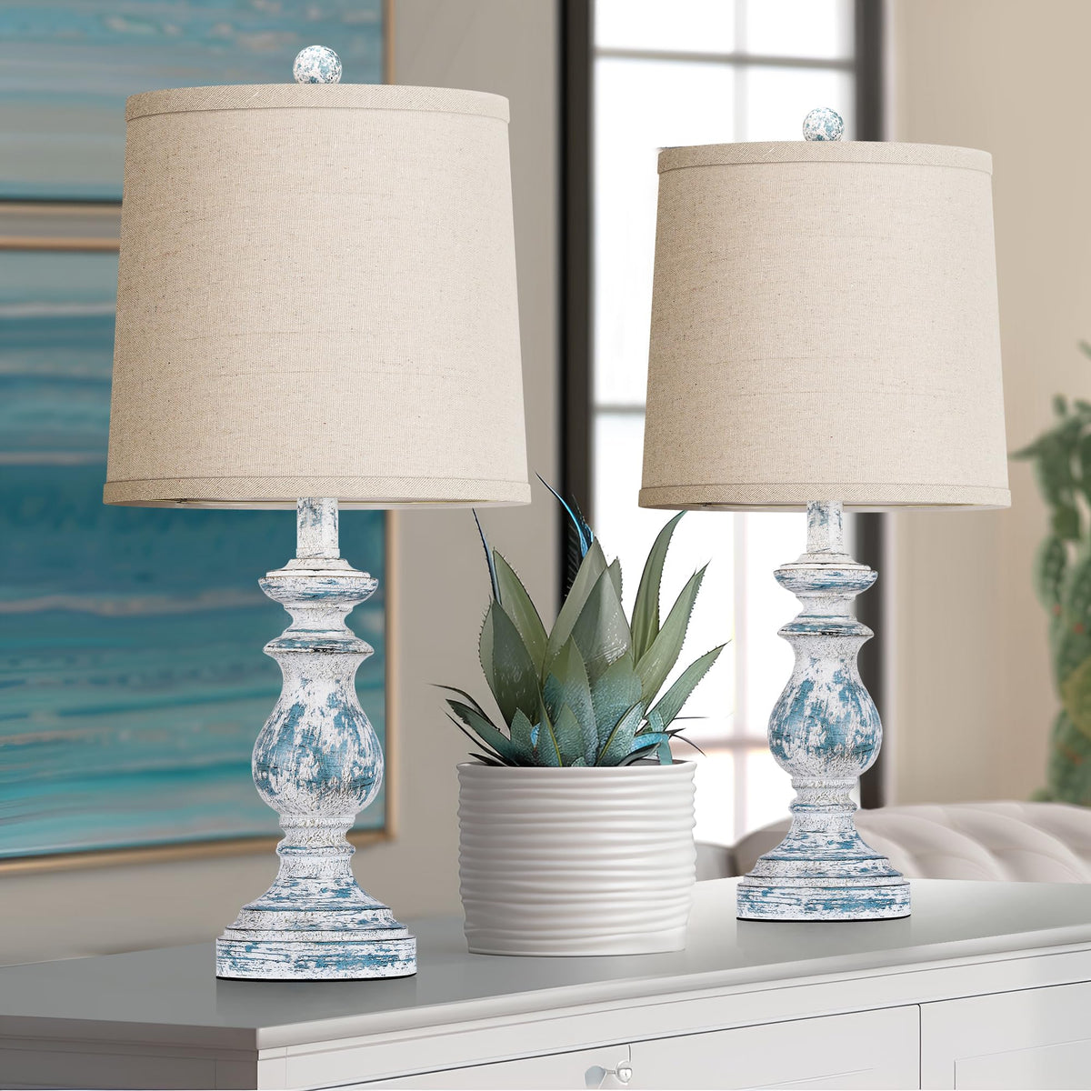 PARTPHONER Traditional Table Lamp Set of 2, Rustic Farmhouse Table Lamps for Living Room Bedroom, 22" Bedside Desk Lamps Vintage Nightstand Lamps with Linen Shades, Antique Grey