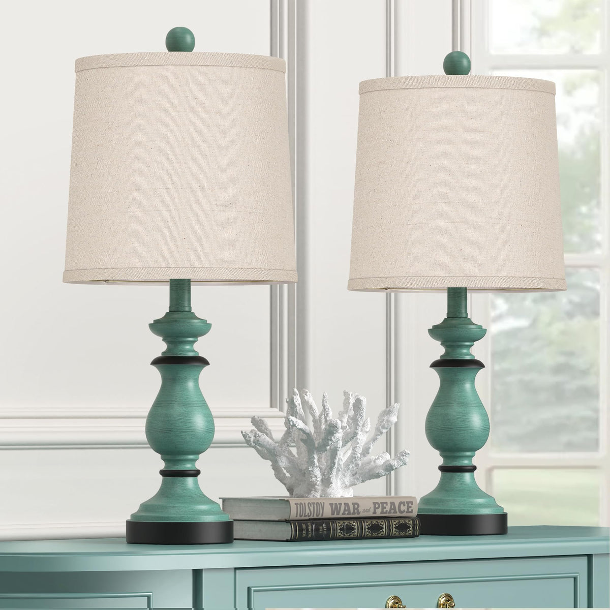 PARTPHONER Traditional Table Lamp Set of 2, Rustic Farmhouse Table Lamps for Living Room Bedroom, 22" Bedside Desk Lamps Vintage Nightstand Lamps with Linen Shades, Antique Grey