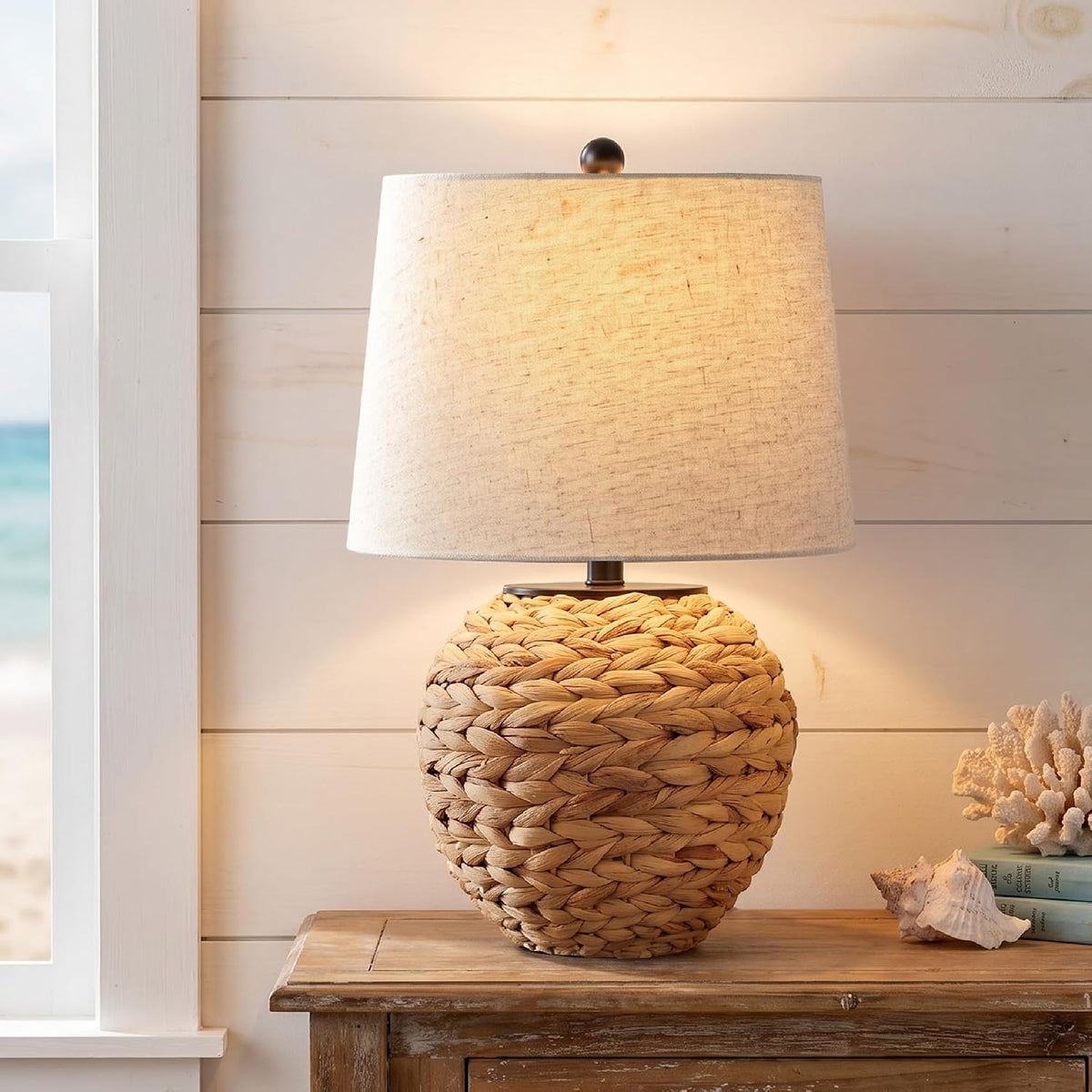 PARTPHONER 23’’ Rattan Table Lamp with Natural Woven Water Hyacinth Basket Base & Linen Drum Shade, Boho Farmhouse Bedside Lamp for Living Room Bedroom, Includes 3-Color Temperature LED Bulb