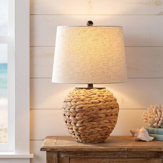 PARTPHONER 23’’ Rattan Table Lamp with Natural Woven Water Hyacinth Basket Base & Linen Drum Shade, Boho Farmhouse Bedside Lamp for Living Room Bedroom, Includes 3-Color Temperature LED Bulb