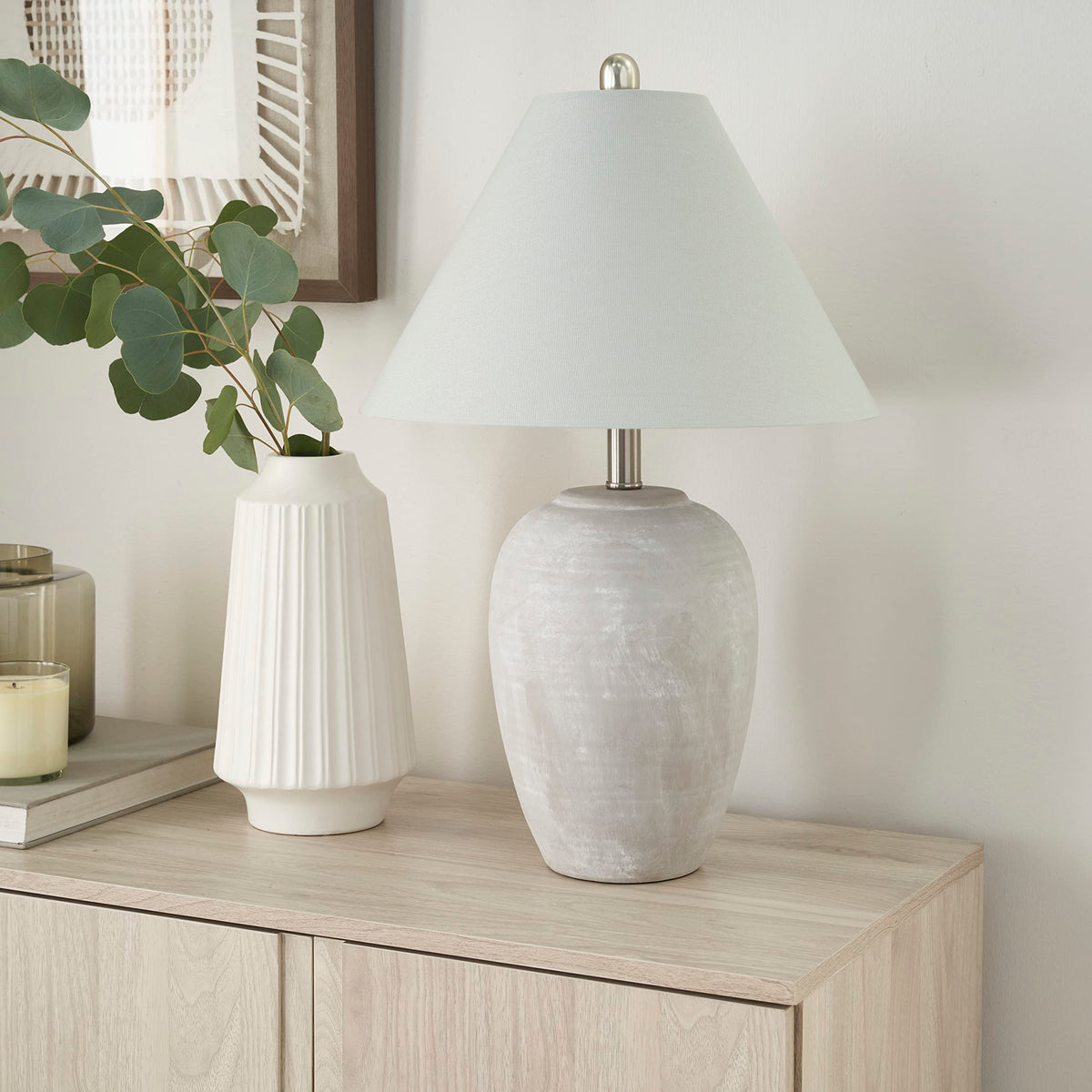 Nourison Home 23" Natural White Ceramic Jar Table Lamp for Bedroom, Living Room, Dining Office, with Off-White Shade