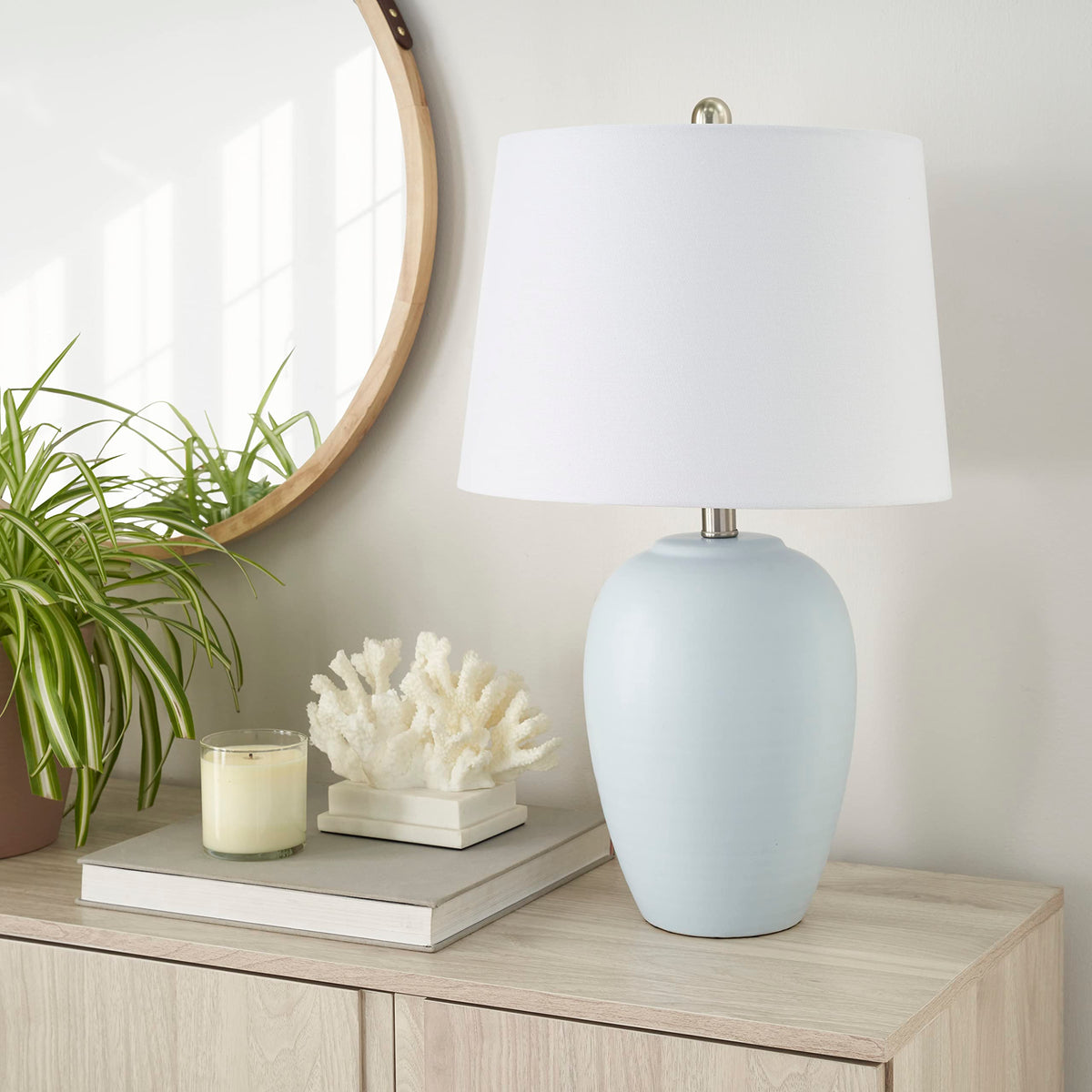 Nourison Home 23" Greyish Brown Earth Tone Rustic Farmhouse Ceramic Table Lamp for Bedroom, Living Room, Dining, Office, with Beige Linen Shade