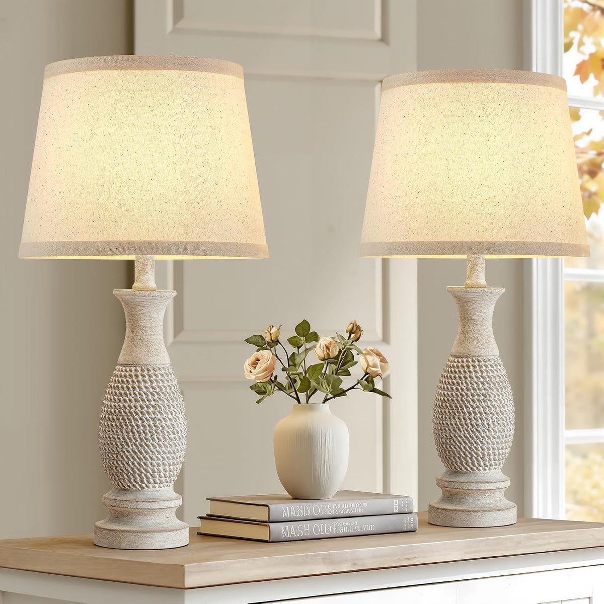 21.6" Table Lamps Set of 2, Resin Farmhouse Bedside Lamps for Bedroom Cream