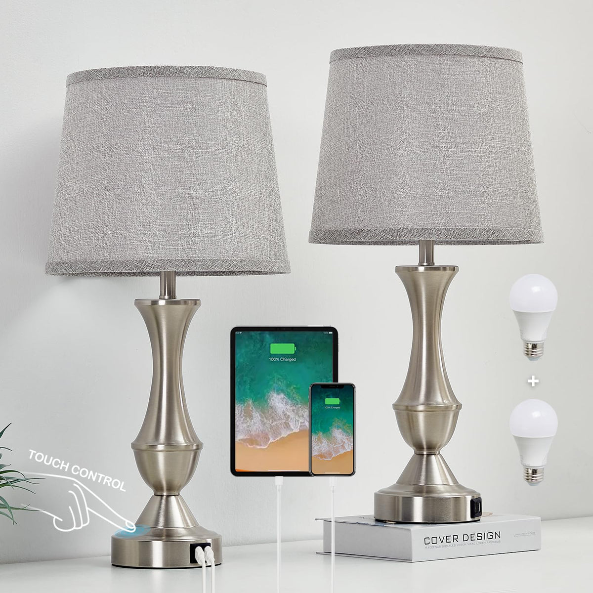 Luvkczc Upgraded Touch Table Lamps Set of 2, 22" Tall Bedside Lamps