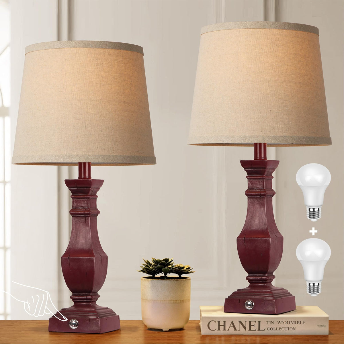 ROTTOGOON Dimmable Table Lamps Set of 2, Rustic Farmhouse Table Lamps for Living Room Bedroom, Bedside Desk Lamps for end Tables, Touch Lamps for nightstand, 9W Bulbs Included, 22", Brown