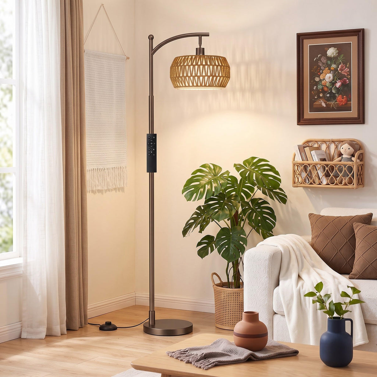 Ambimall Arc Floor Lamp with Remote & Rattan Double Shades, Black Rustic